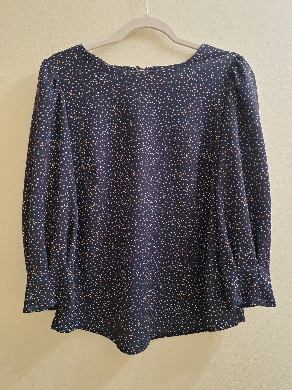 MELLODAY Navy Blue Multicolor Dot Office Blouse Top Size M Puff Sleeve Boho